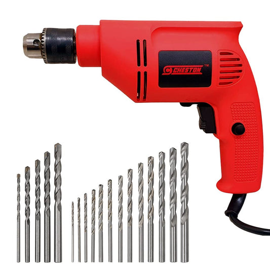 Cheston 10mm Powerful Drill Machine Reversible Variable Speed for Wall, Metal, Wood Drilling (Bits Included in Select Variations. Chose Below) (5 PCS Wall BITS and 13 PCS HSS BITS Included)