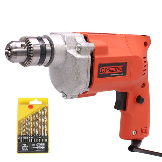 Cheston 10mm Powerful Drill Machine for Wall, Metal, Wood Drilling with 13 HSS bits for Drilling in Wood, Metal, Plastic (DRILL WITH 13HSS BITS)