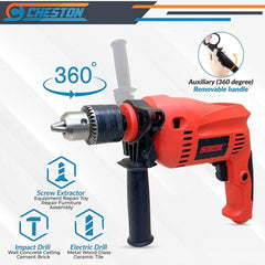 Cheston Electric Wood Planer 600W Inch Electric Hand-Held Planer, Industrial Electric Wood Planer + 13mm Impact 650W Drill Machine Reversible Hammer Tool