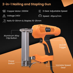 Cheston DIY Electric Nail Gun Pure Copper Armature Motor | 2300W Power, 220-240V Voltage, 45 Pcs/min Speed | Suitable for Nails 10-30mm and Staples 16-25mm for Woodworking, Repair & Renovation