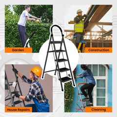 Cheston Foldable GI Steel 5-Steps Home Ladder | 5.6 Feet Anti-Skid Step Ladder with Wide Pedal & Hand Grip | Shock-Resistant Foldable Ladder for Home Use | Supports 150+ Kgs | Black 5 Step
