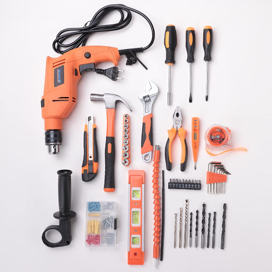 Cheston 13mm Drill Kit 600W Powerful Impact Drill Machine Kit | Screwdriver Kit with 115 Pieces Tool Kit and Accessories | Hammer Wrench Plier Cutter Spirit Level Tape