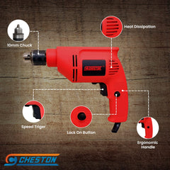 Cheston 10mm Powerful Drill Machine Screwdriver Reverse Forward Rotation with Variable Speed for Wall, Metal, Wood Drilling (5 Wall and 13 HSS BITS Included)