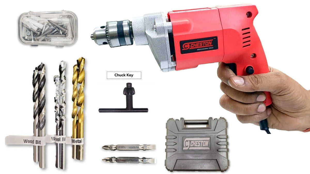 Cheston 10mm Drill Machine with 2Hss 2wood 2wall 2Screwdriver Keyless Chuck 400W, 2600-RPM Power Tools with All Accessories (BOX)