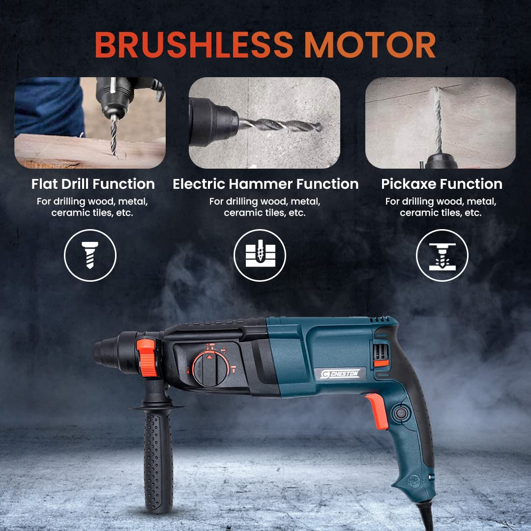 CHESTON 26 mm 850W 900RPM 3 Modes Rotary Hammer Drill Machine with 3-Piece Drill Bit and 2 Chisel & SDS Chuck Adapter Universal Drill for Drilling & Demolition Task