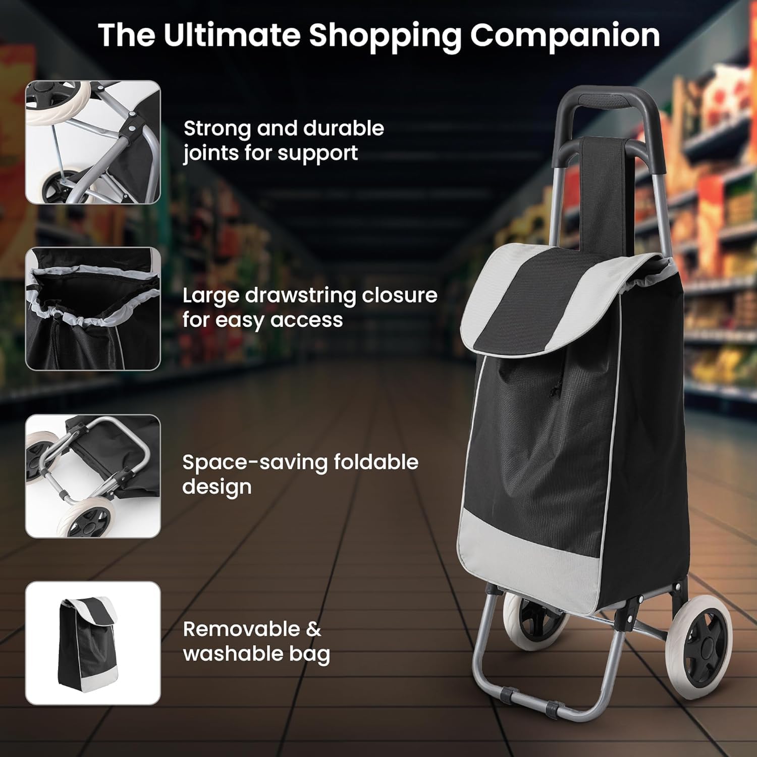 Cheston Shopping Bag for Grocery Foldable Shopping Trolly Bag with Wheels | Large & Lightweight Shopping Trolly Bag with 30 Kg Capacity | Water-Proof Fabric with Multiple Pockets (Black & White)