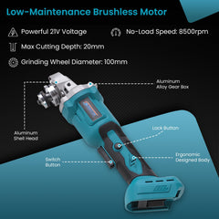 Cheston One 21V Cordless Angle Grinder for Grinding, Cutting, Polishing (100mm) Brushless Motor, 8500 RPM Variable Speed Grinder Machine (Battery & Charger not included) for Proffesional Use