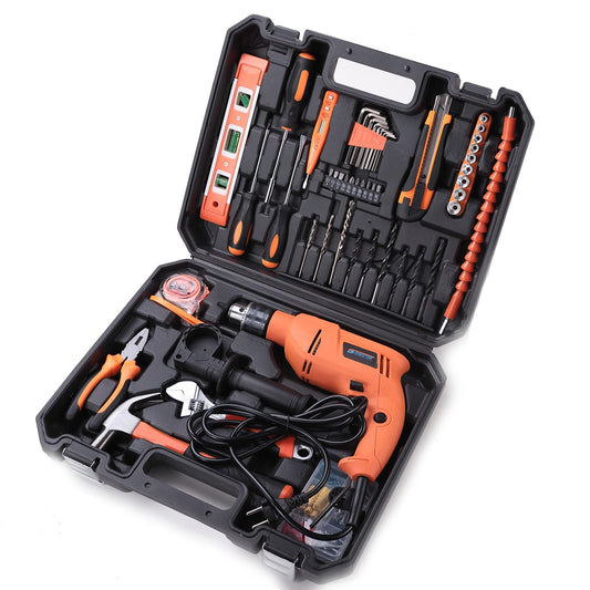 Cheston 13mm Drill Kit 600W Powerful Impact Drill Machine Kit | Screwdriver Kit with 115 Pieces Tool Kit and Accessories | Hammer Wrench Plier Cutter Spirit Level Tape