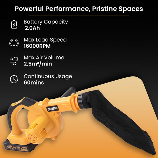 Cheston 2000 mAh Battery Variable speed Cordless Air Blower|16000RPM Air Volume 2.5m³/min Electric Blower machine| Blower and Vaccum Cleaner 2 in 1| Multi utility machine cleaner (Battery & Charger Included) Yellow