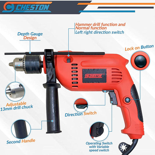 Cheston Impact Drill Machine 13mm Chuck with Reversible and Variable Speed Screwdriver and Hammer Pack of 10 B2B Bundle