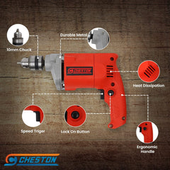 Cheston 10mm Powerful Drill Machine Kit for Wall, Metal, Wood Drilling with 5 pcs Wall bits and 13 HSS bits in Tool Box Case, red (CHD10.5WALL.13HSS.BOX)