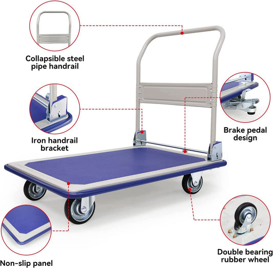 Cheston Folding Steel Platform Trolley with 4 Wheels I 150 kg Capacity ICollapsible/Folding Handle I Industrial Trolley Cart for Heavy Weight/Material Handling (73 * 48 * 86 cm)