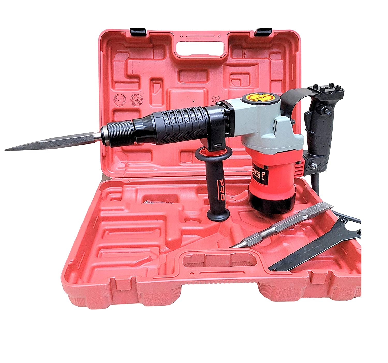 Cheston Powerful Corded Electric 5Kg Demolition Hammer/Concrete Breaker (RED) With Two Chisels Flat & Pointed With Anti Vibration Control Handle (18mm Chuck) 900W high-speed 2950 rounds