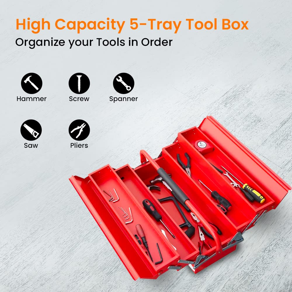 Cheston Metal Tool Box 5 Compartment for Hand & Power Tools | High Grade Iron Steel | Empty Tool Box Storage Organiser for Multipurpose Home & Work Use