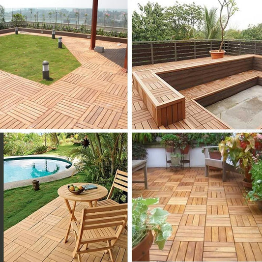 Cheston Interlocking Tiles I Wooden Floor Sheets I Interlocking Tiles for Indoor/Outdoor I Weather & Water Resistant I Flooring Solution I 12" X 12" Deck Tiles (Set of 12, WPC Brown Wooden Deck Tile)