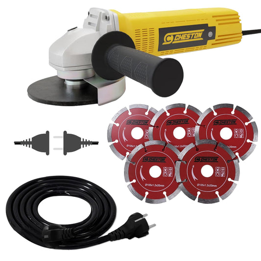 Cheston Angle Grinder for Grinding, Cutting, Polishing (4 inch-100mm), 720W Yellow Grinder Machine with Auxiliary Handle + 5 CUTTING BLADE + Cheston 5 Meter Extension 2 Pin Cord Capacity Upto 1000W