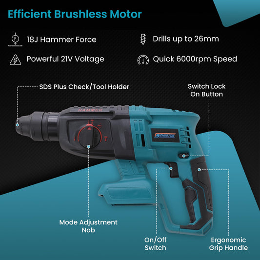 Cheston One 21V Cordless Variable Speed Electric Rotary Hammer Drill with Reversible Function - (Battery & Charger Not Included) | 6000 RPM 26mm Chuck Size, 300W Hammer Drill