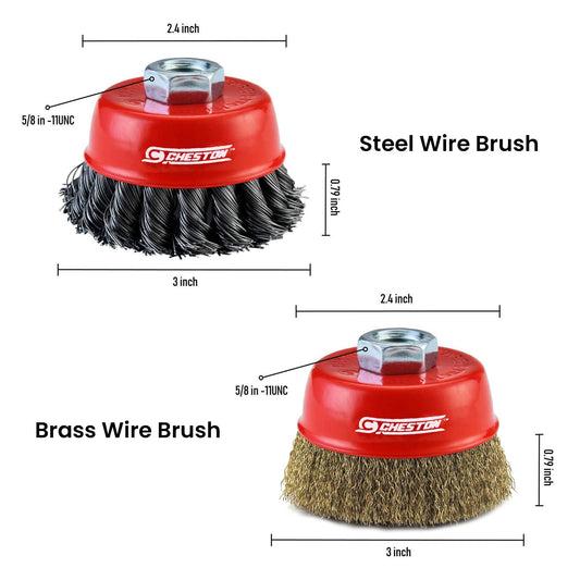 Cheston 3 Inch” Twisted Iron & Brass Wire Cup Brush Knotted Abrasive Wheel for Angle Grinders & Buffer with 5/8 Inch Threaded Arbour Along With Drill Attachment M10 43*7.8mm