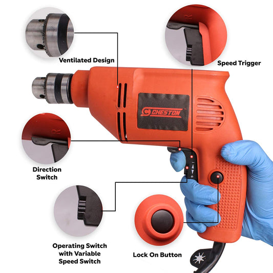 Cheston 10 mm Drill Machine Set 400W | Variable Speed & Reverse & Forward function | 10mm Chuck | 2600 RPM | Electrical Power Tool Kit For Multipurpose Use | Pack of 10