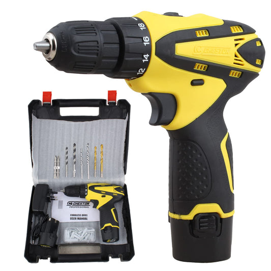 CHESTON Cordless 12V, 10mm Drilling Machine with Bits of 2Hss 2wood 2wall 2Screwdriver 1350RPM Keyless Chuck with 2 Batteries LED Torch (1.2AH)