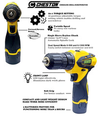 CHESTON Cordless Drill Heavy Plastic CHD-812 1.5 Screw Driver 10mm Keyless Chuck 12V with 1 Battery Power & Hand Tool