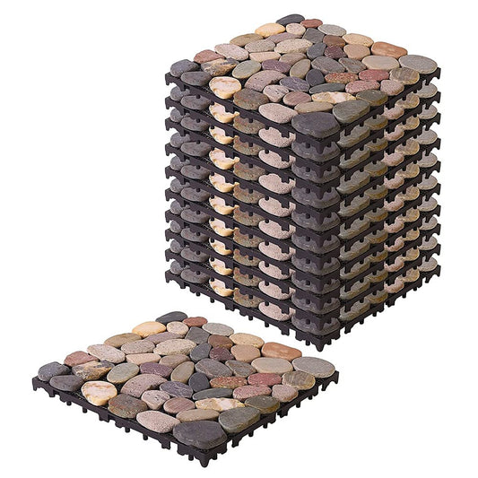 Cheston Tiles for Floor with Interlocking I Pebble Floor Tiles I Weather & Water Resistant I Tiles for Garden, Balcony & Poolside I 12" X 12" Deck Tiles (Set of 8, Multi-colour Stones)