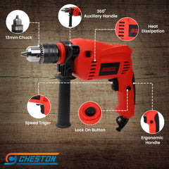 Cheston 13mm Impact Drill Machine Reversible Hammer Driver Variable Speed Screwdriver with 13HSS and 5 Wall Bits in Tool Box Case, red (CHD-13RE.13HSS.5WALL.BOX)…