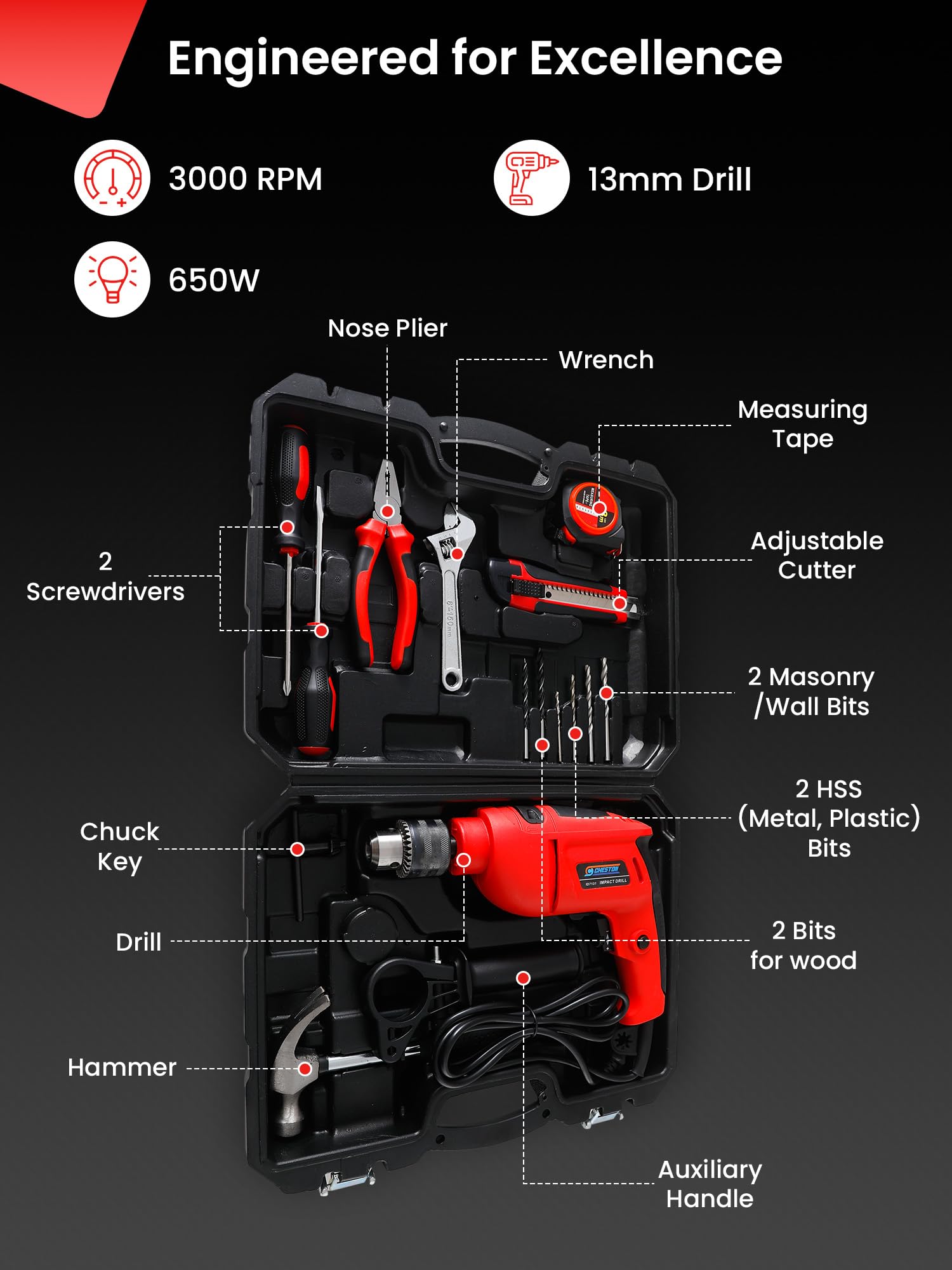 Cheston 13mm Drill Kit 650W Powerful Impact Drill Machine Kit | 3000RPM | Screwdriver Kit with 17 Pieces Tool Kit and Accessories | Drill Bits Tape Hammer Plier Screwdriver