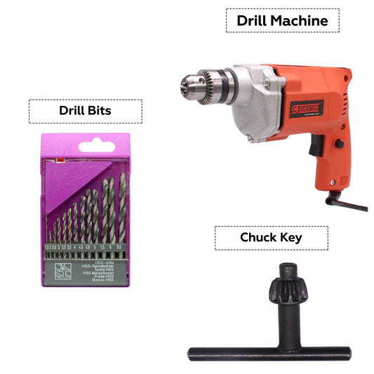 Cheston 10 mm Drill Machine Set 400W | Drill Kit with 13 HSS Bits for All Surfaces | Drill For Wall Wood Metal Sheets | Variable Speed & Reverse/Forward function | 2600 RPM | Electrical Power Tool Kit For Multipurpose Use