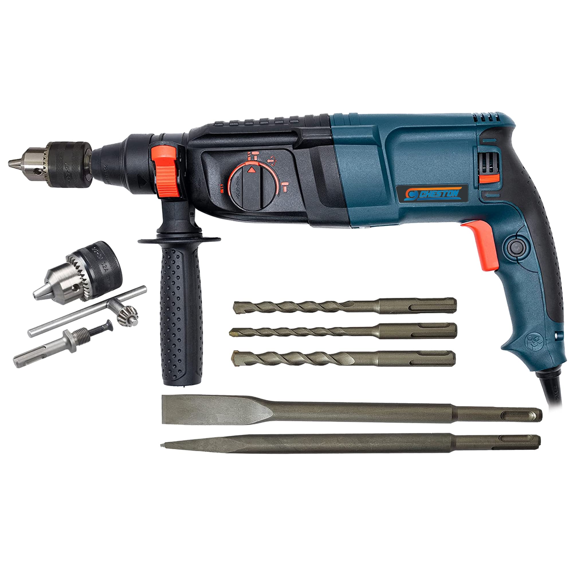 CHESTON 26 mm 850W 900RPM 3 Modes Rotary Hammer Drill Machine with 3-Piece Drill Bit and 2 Chisel & SDS Chuck Adapter Universal Drill for Drilling & Demolition Task
