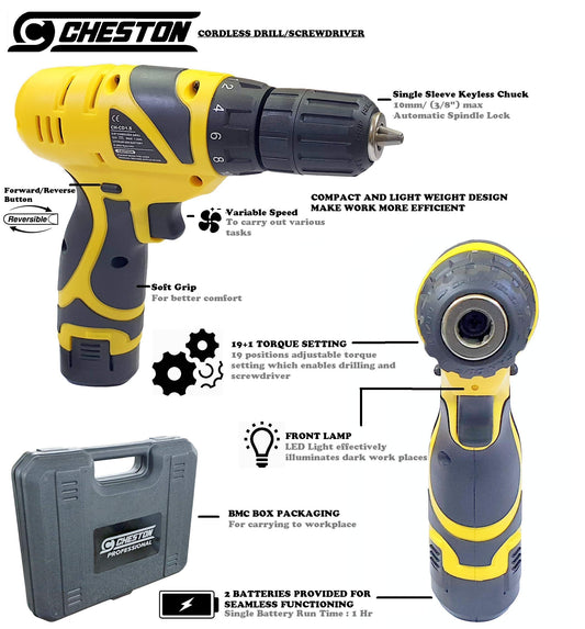 Cheston Cordless Drill Screwdriver Driver 10mm Keyless Chuck 12V with 2 batteries LED torch Variable Speed and Torque Setting (19+1) (Select models with bits combo) (1.2 AH BATTERY LASTS 40 MINUTES, DRILL ONLY)