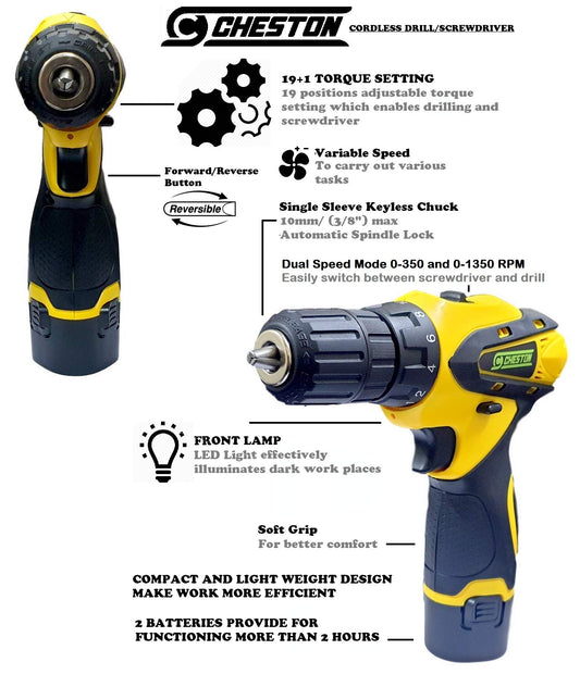 Cheston 10 mm Keyless Chuck 12V Cordless Drill/Screwdriver with 2 Batteries, 5 Wall, 13 HSS Wood bits Variable Dual Speed and Torque Setting (19 and 1, Yellow)