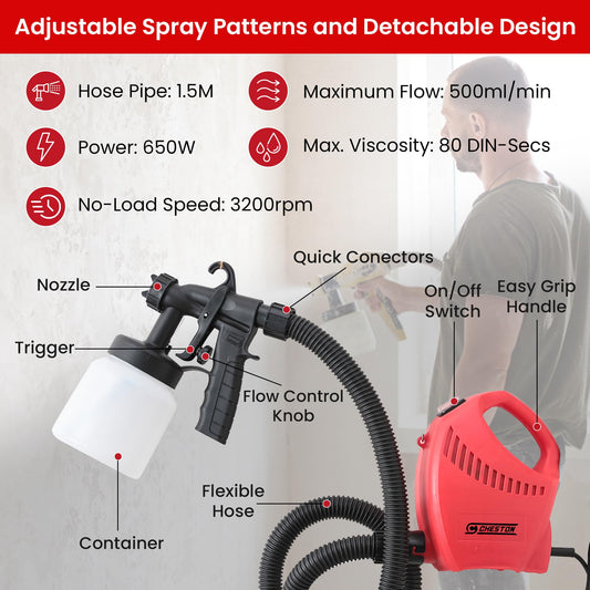 CHESTON Electric Paint Sprayer Gun 650W 800Ml Capacity With Flow Control With Separate Base Unit Airless Finish Maximum Flow 500 Ml/Min For Diy Projects Spray Gun Machine, Red