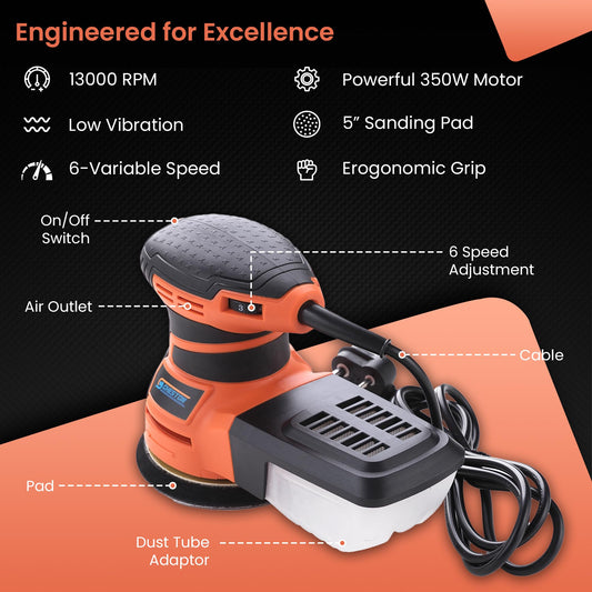 Cheston 350W Random Orbit Sander with 6 Variable Speed | 13000RPM | 125mm | High-Performance Dust Collection System suitable for Sanding of Wood, Wall & Metal Surface