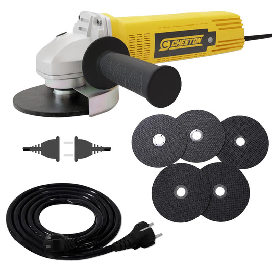Cheston Angle Grinder for Grinding, Cutting, Polishing (4 inch-100mm), 720W Yellow Grinder Machine with Auxiliary Handle + 5 Cutting Wheel + Cheston 5 Meter Extension 2 Pin Cord Capacity Upto 1000W