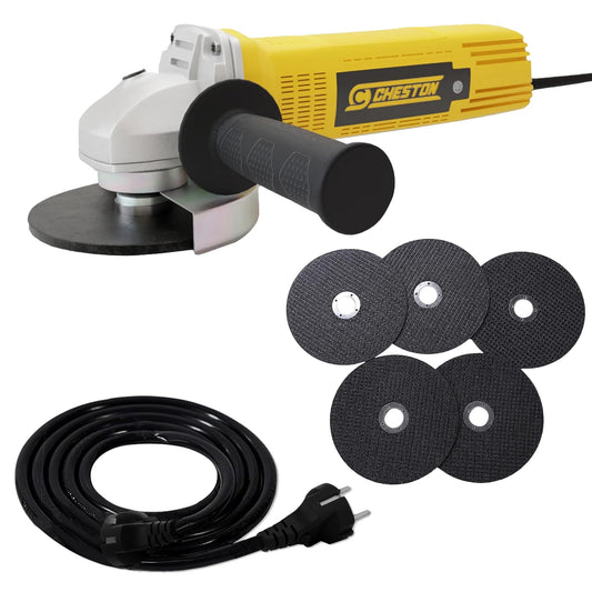 Cheston Angle Grinder for Grinding, Cutting, Polishing (4 inch-100mm), 720W Yellow Grinder Machine with Auxiliary Handle + 5 Cutting Wheel + Cheston 5 Meter Extension 2 Pin Cord Capacity Upto 1000W